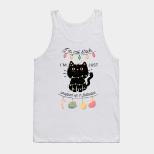 Funny Christmas Cat Wrapped in Lights, Festive Feline Tank Top